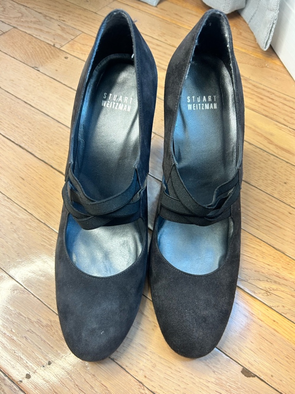 Stuart Weitzman Black Suede Mary Jane Pumps with Strap Detail